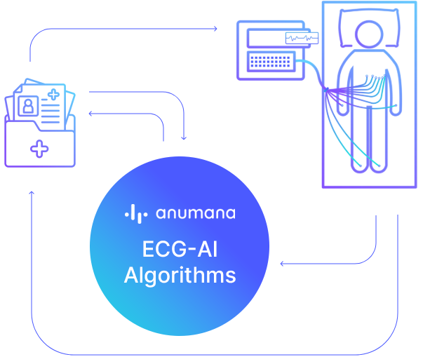 Anumana diagram connecting patient ECG recording, algorithm analysis and clinical records