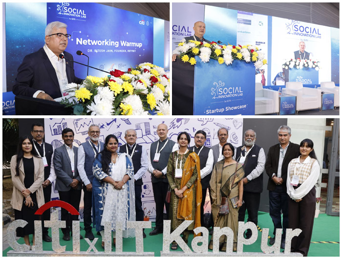 A collage of speakers and a group at an IIT Kanpur startup gathering