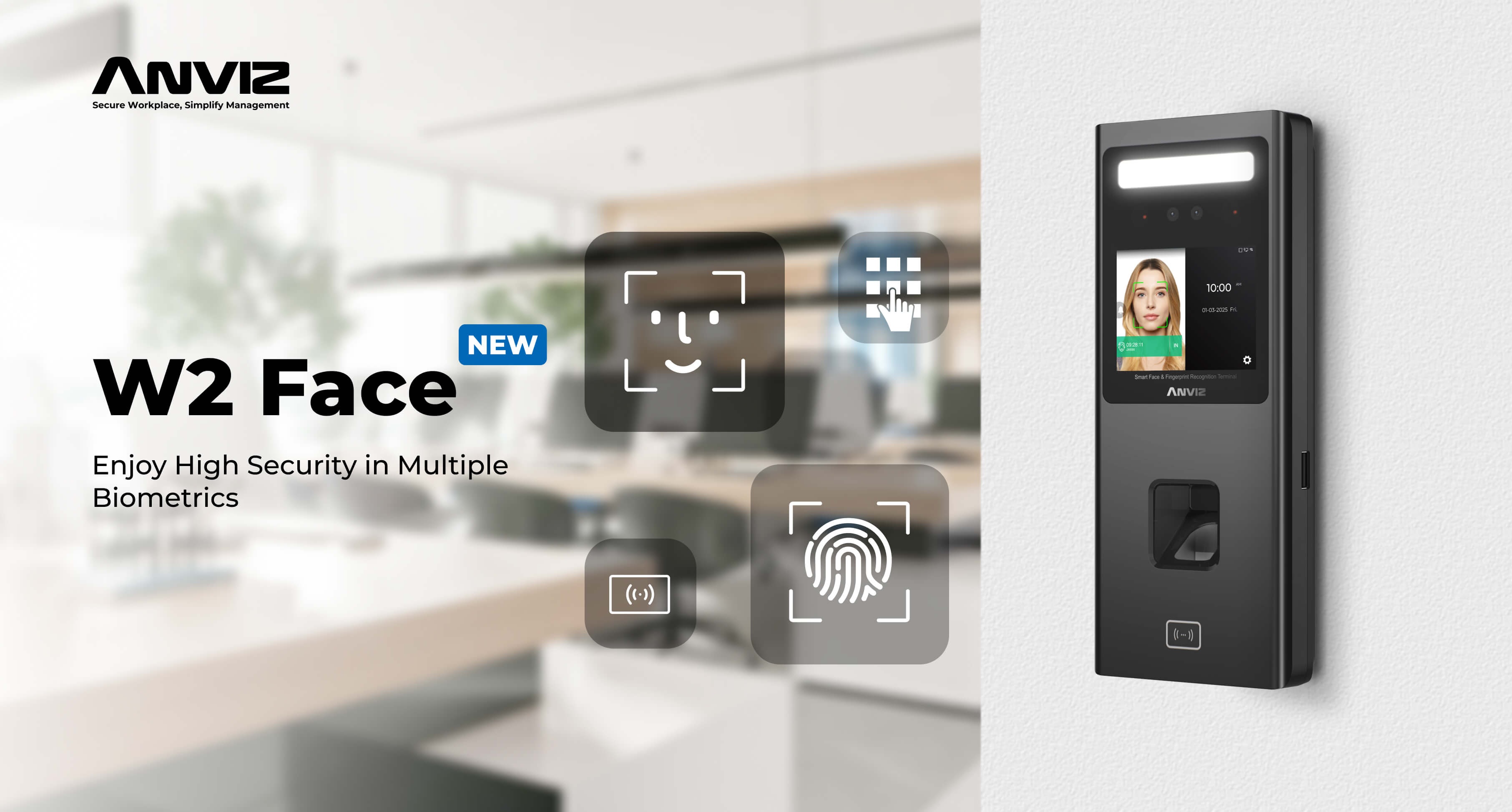 Anviz W2 Face terminal with face, fingerprint and RFID authentication shown in its launch image