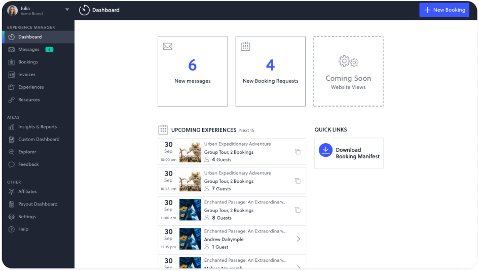 Illustrative AnyRoad Experience Manager screen showing experiences and event controls