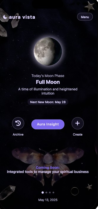 Historical Aura Vista home screen with a moon-phase display, Archive and Create controls, and a coming-soon business-tools message.