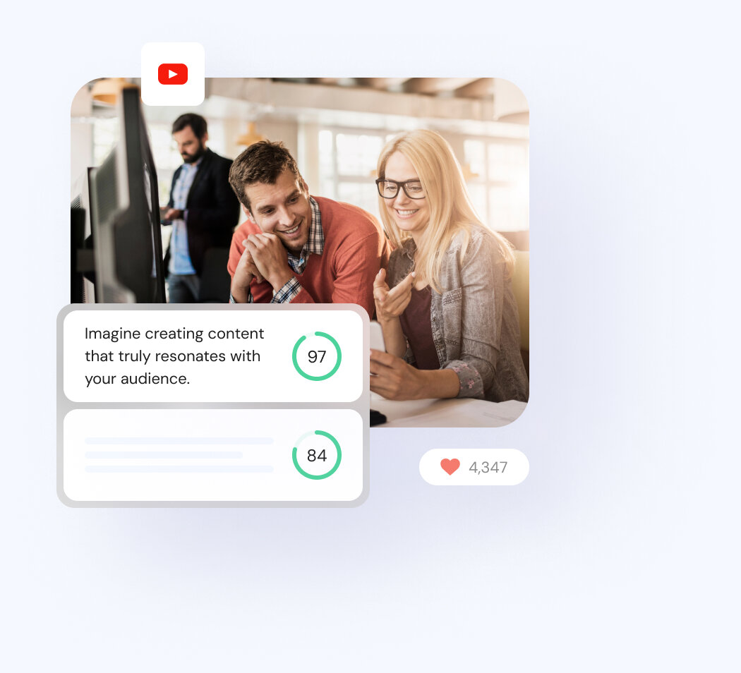 Anyword promotional image combining an office scene with a predictive copy scoring illustration