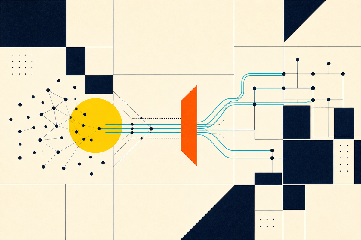 Abstract Swiss-style composition showing scattered risk converging through an orange gate into an ordered teal network