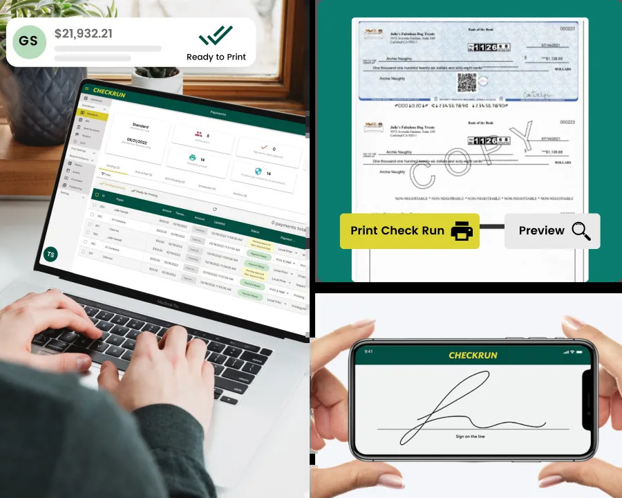 Checkrun dashboard, check preview and mobile signature product views