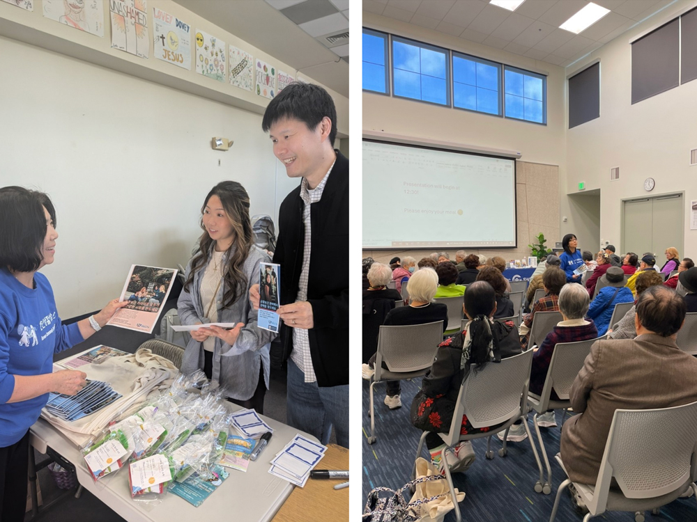 Community health workers speaking with attendees and presenting to an audience at a Washington outreach event