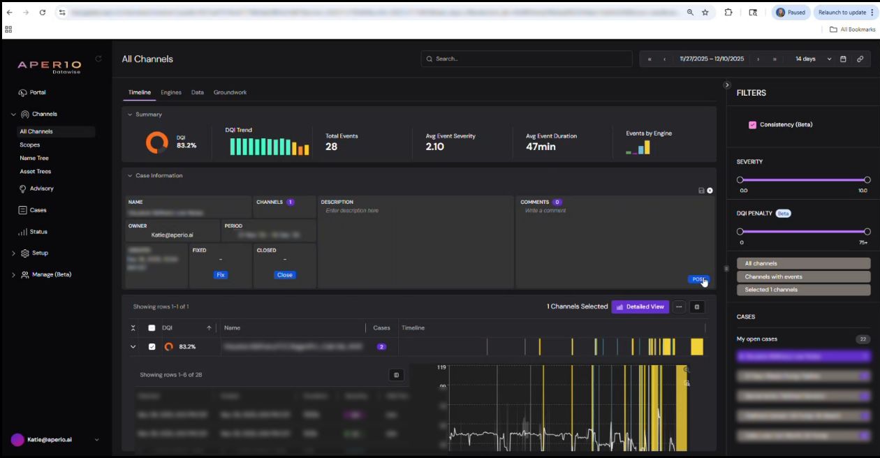 DataWise interface showing a Data Quality Index, event timeline, and channel filters