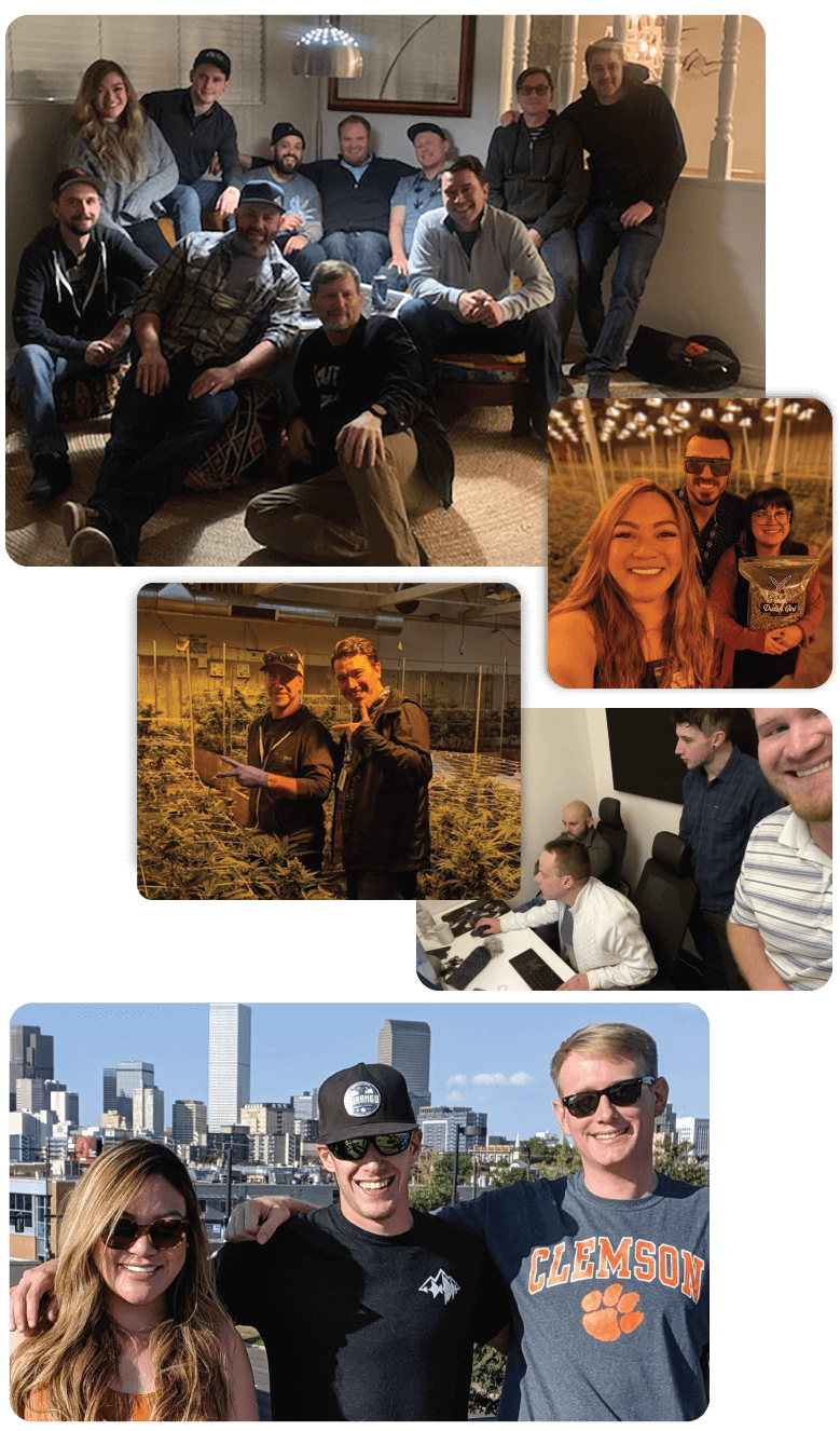 A collage of Apex Trading team members at work, at a cultivation facility and outdoors