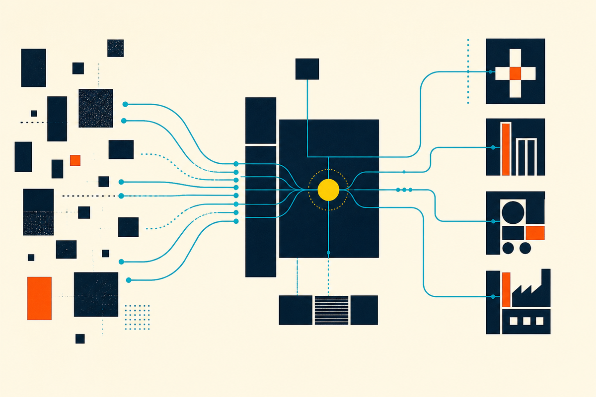Abstract geometric illustration of fragmented systems converging into an intelligence network and branching into regulated industries