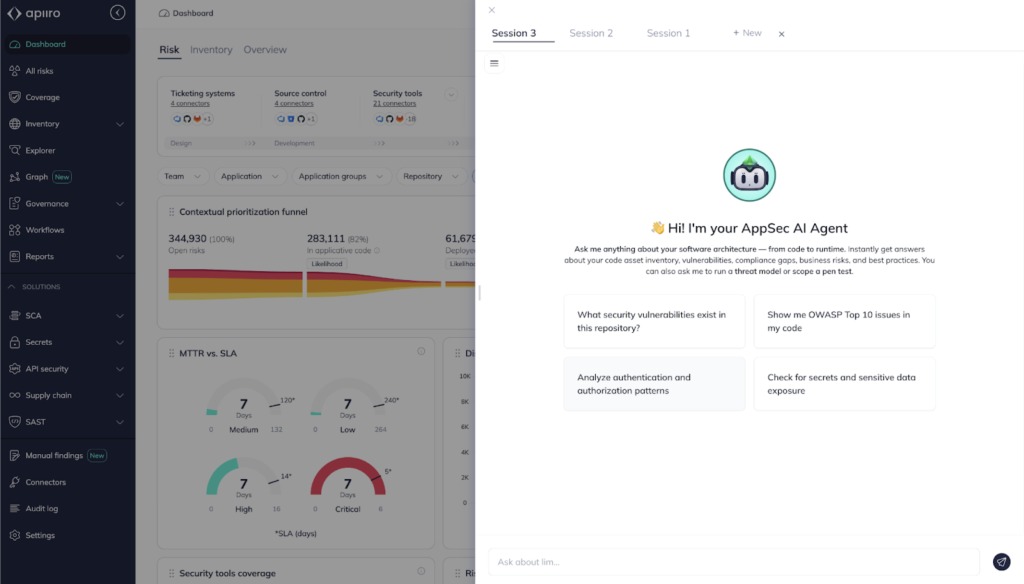 Apiiro application security interface showing connected risk context