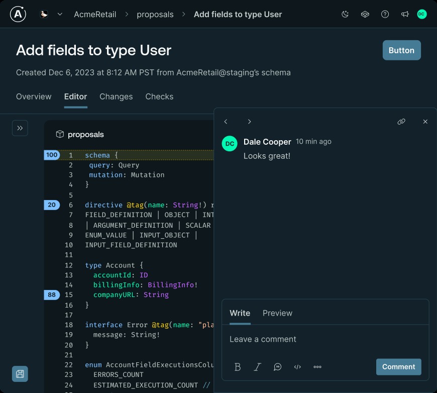 GraphOS Studio proposal editor showing a schema change and a discussion pane