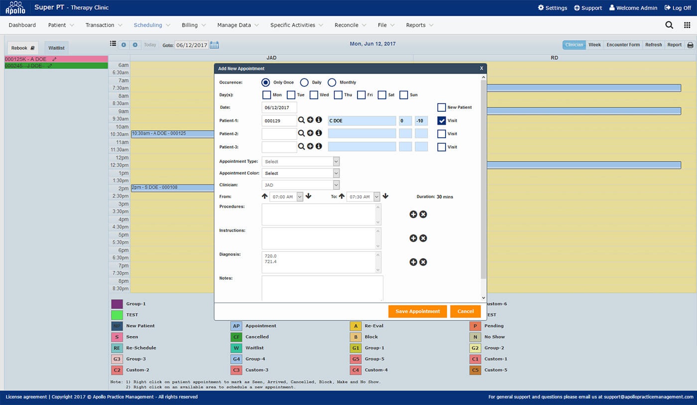 Archival Apollo scheduling screen showing a rebook list beside the calendar and an appointment entry window