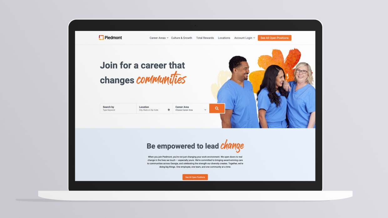 Appcast portfolio mockup of Piedmont Healthcare’s career site on a laptop