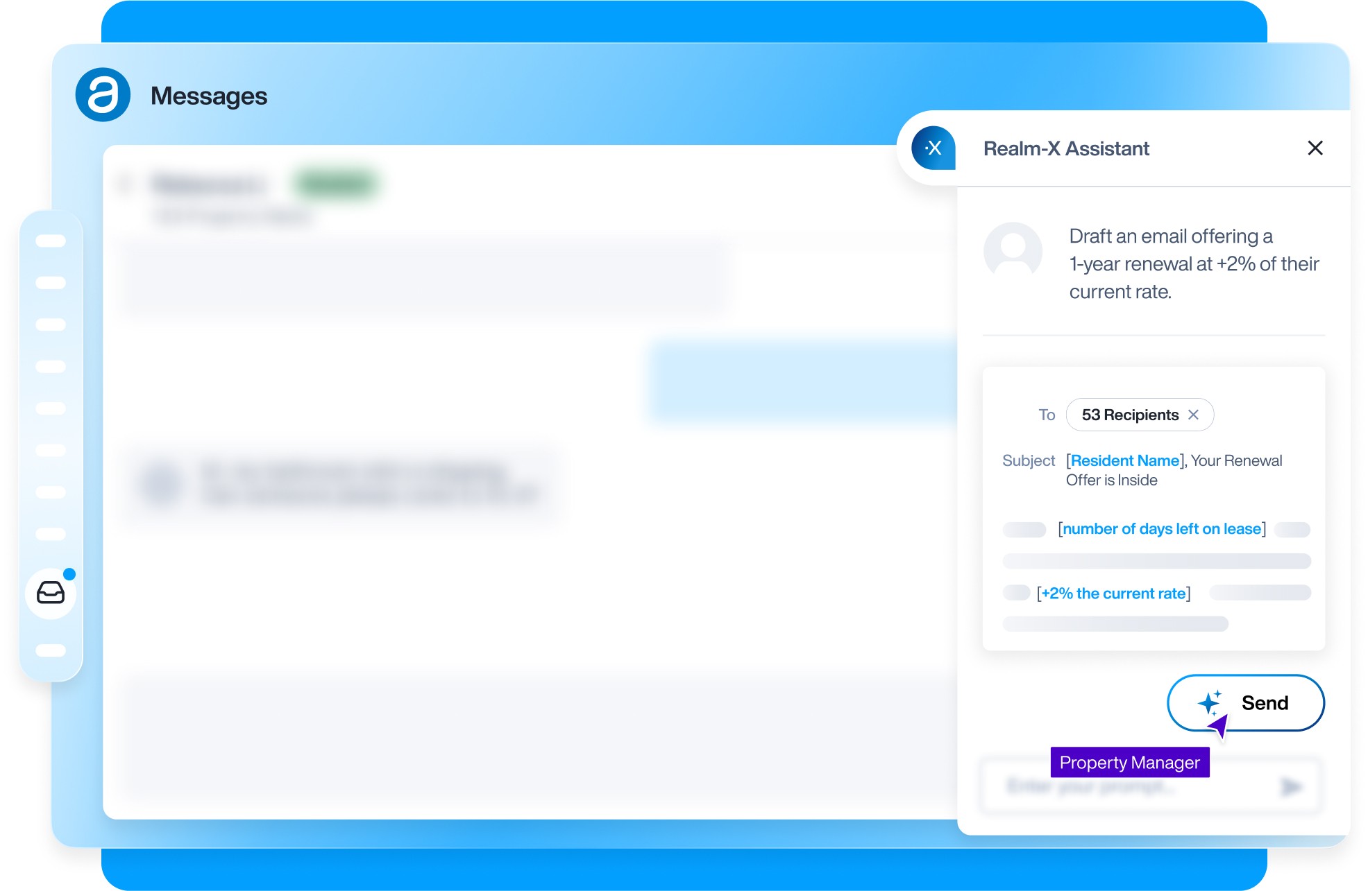 Realm-X drafting a renewal email inside the AppFolio property management interface