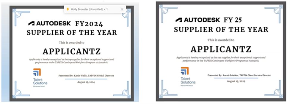Applicantz graphic announcing Autodesk Supplier of the Year recognition