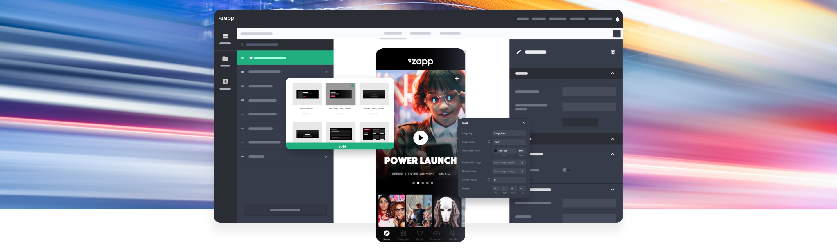 Zapp visual app configuration interface with a mobile preview and layout controls