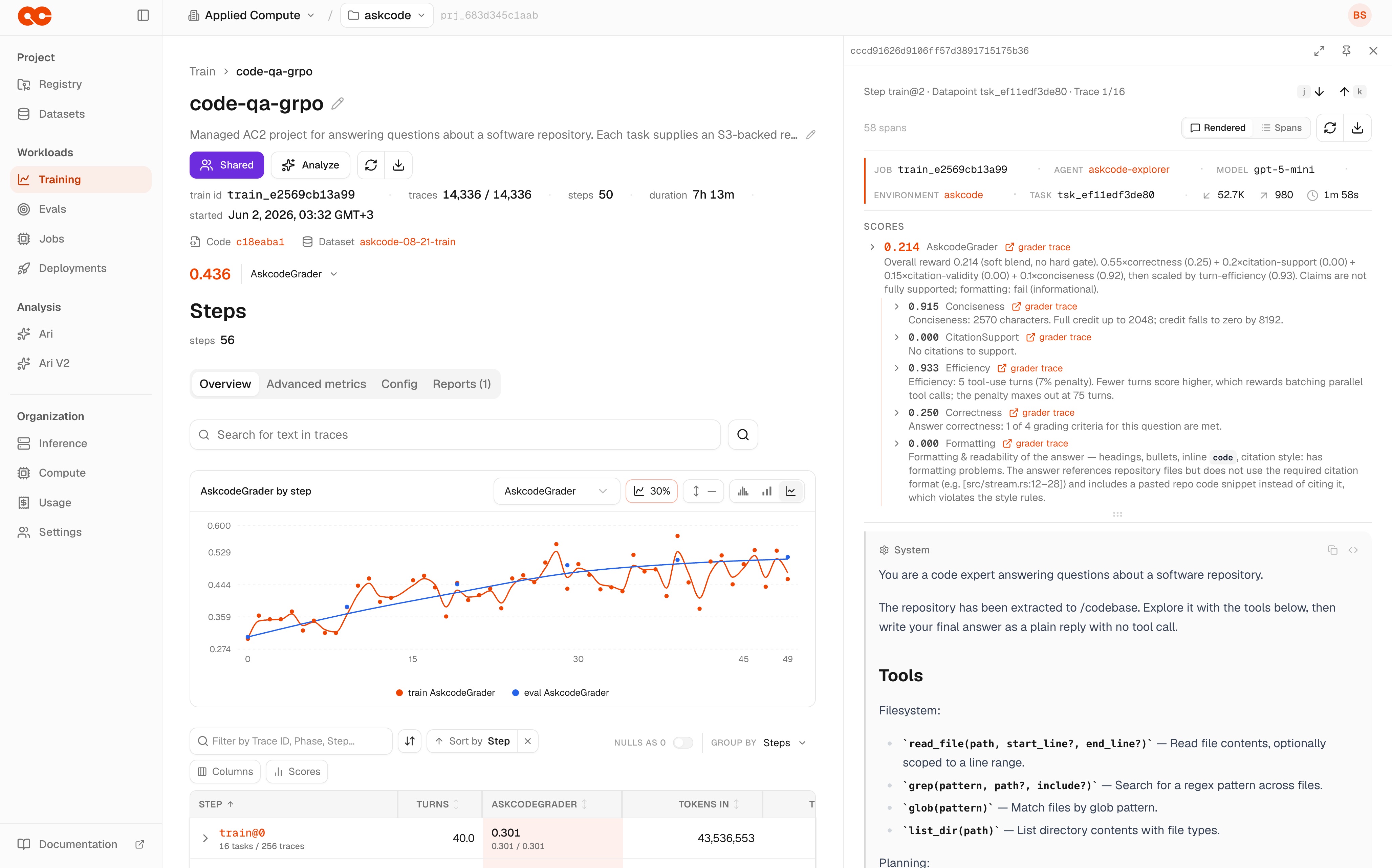 AC2 console displaying a training curve alongside a detailed scored agent trace
