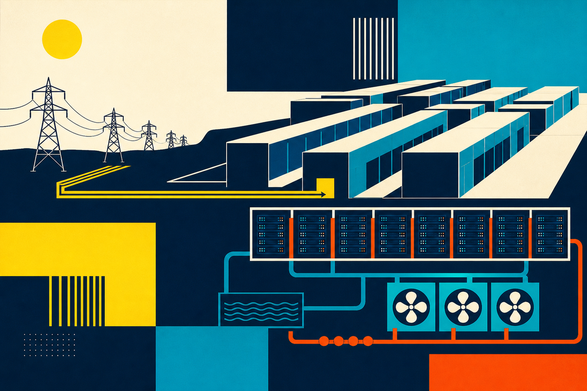Abstract Swiss-style illustration of power lines feeding modular data centers and liquid-cooled server racks
