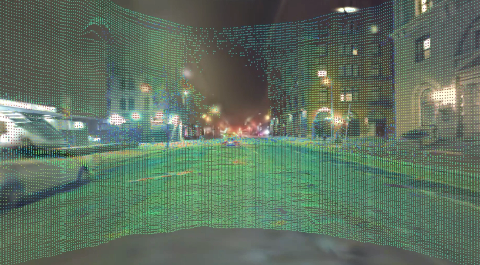 Green sensor point cloud over a nighttime street