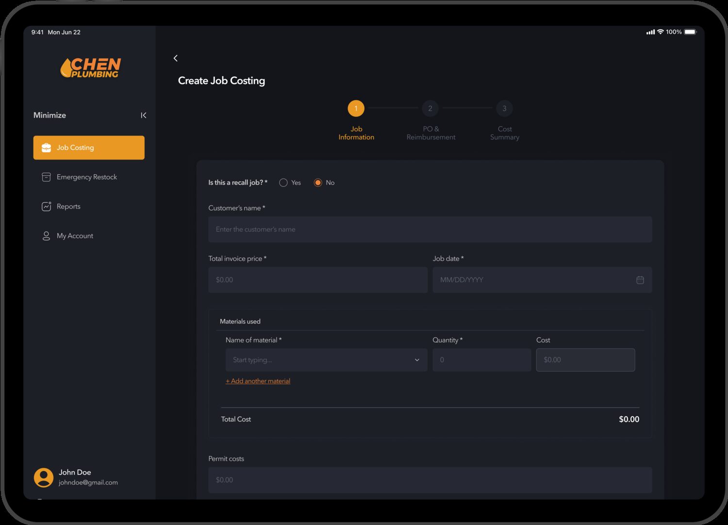 Chen Plumbing job-costing interface showing materials, invoice and reimbursement fields