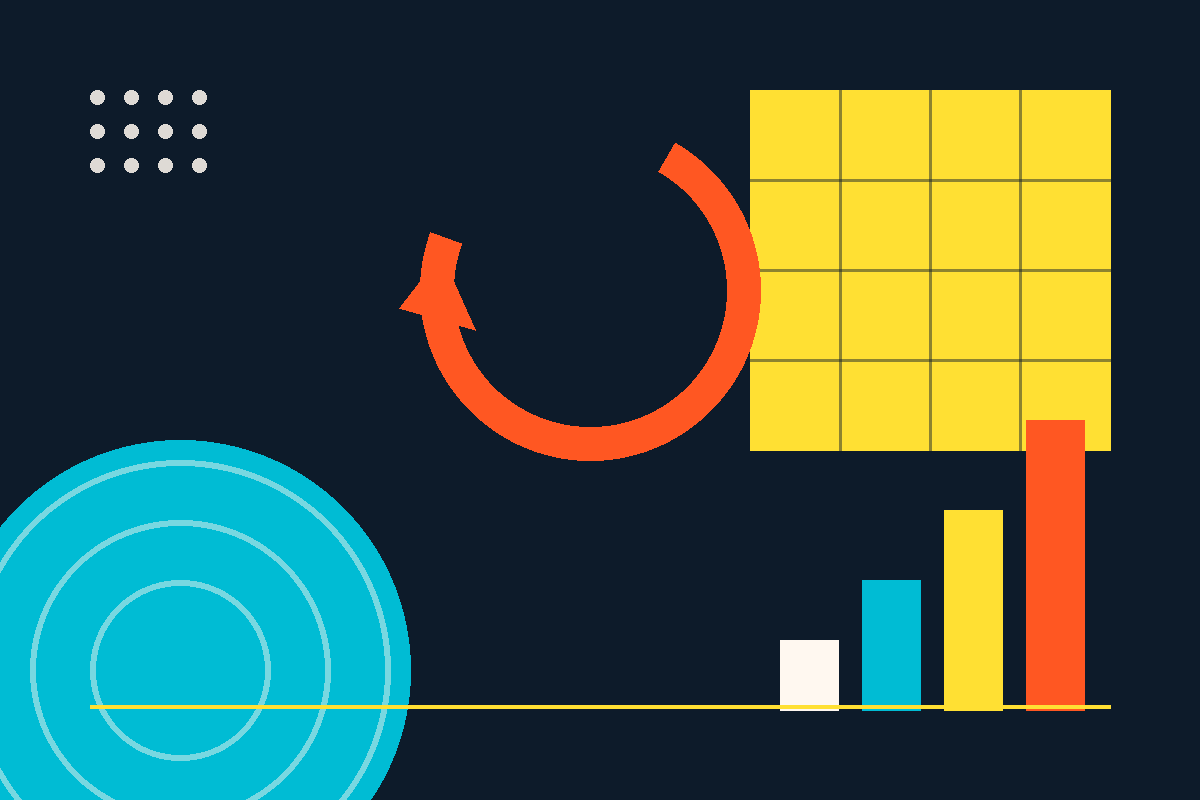 Abstract Swiss-style graphic of a return arrow, data rings and an ascending bar chart