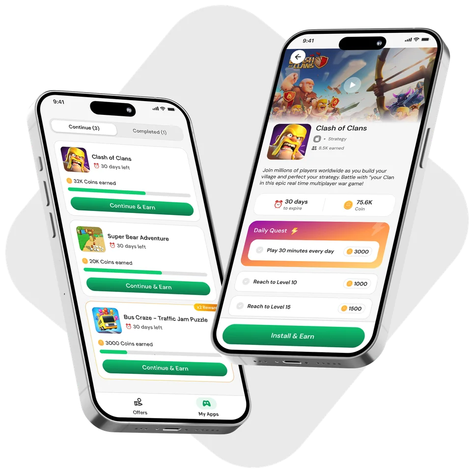 AppSamurai product illustration showing rewarded mobile-game offers on phone screens