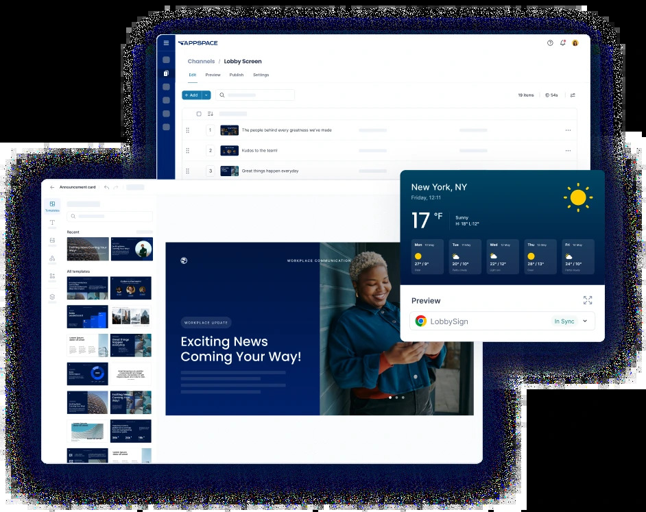 Appspace interface showing signage channels, templates and a live lobby-screen preview