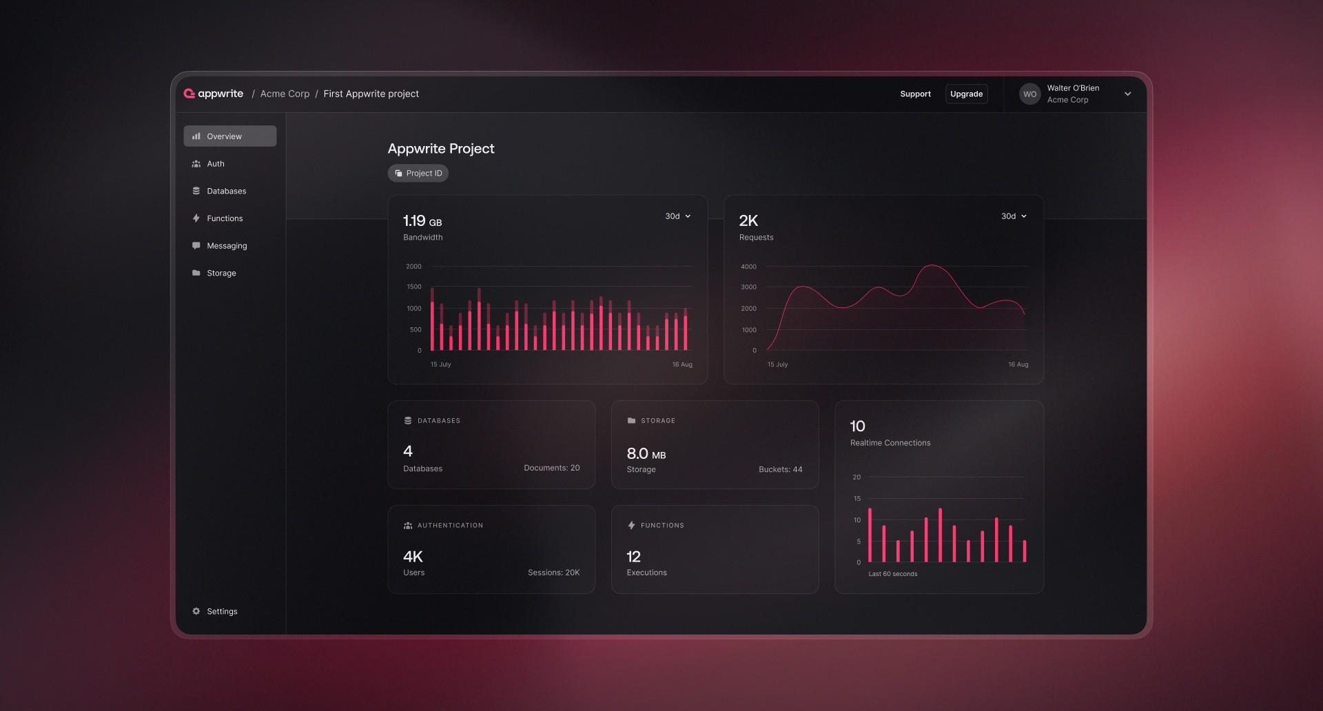 Appwrite dashboard showing the platform's product services