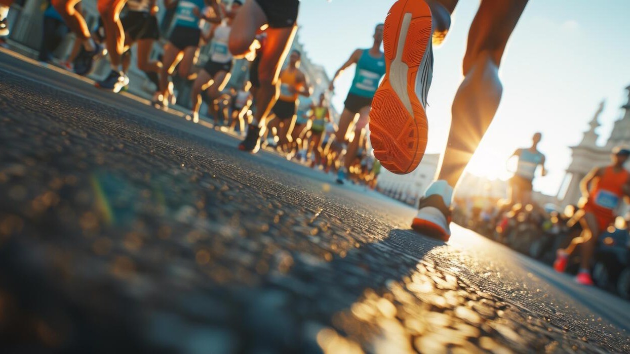 Runners moving through sunlight on a race course