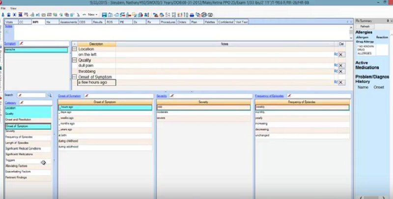 Historical Aprima symptom-entry screen showing structured fields for location, quality and onset