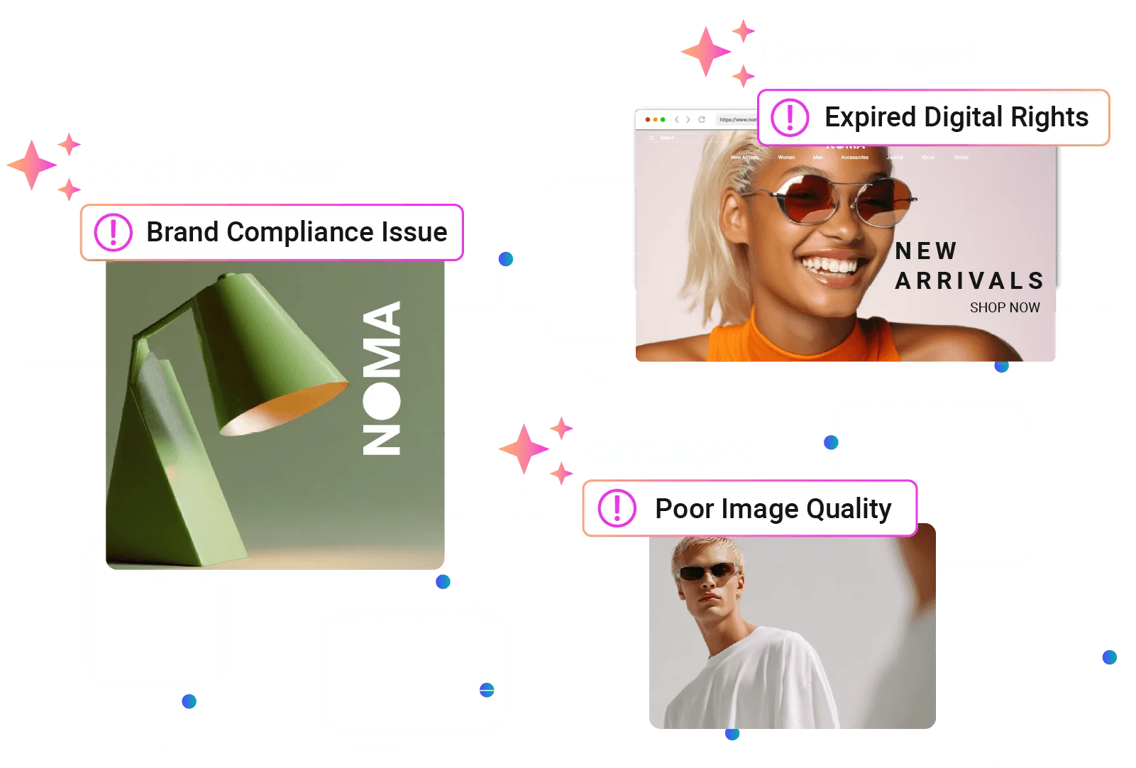 Aprimo illustration of AI agents checking brand and compliance rules across content