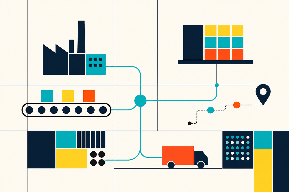 Abstract Swiss-style illustration connecting a factory, inventory, data and logistics