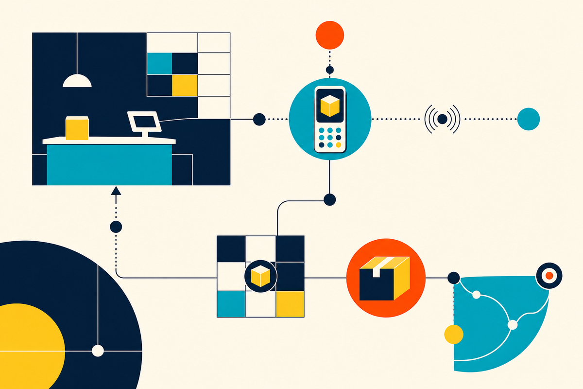 Geometric illustration of a store, mobile point of sale, inventory and package connected in one system