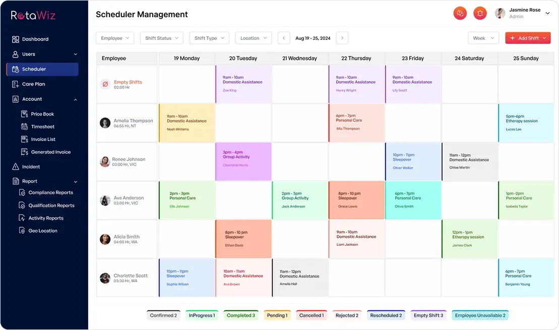 RotaWiz product preview showing staff rows, colored care shifts and scheduling status controls