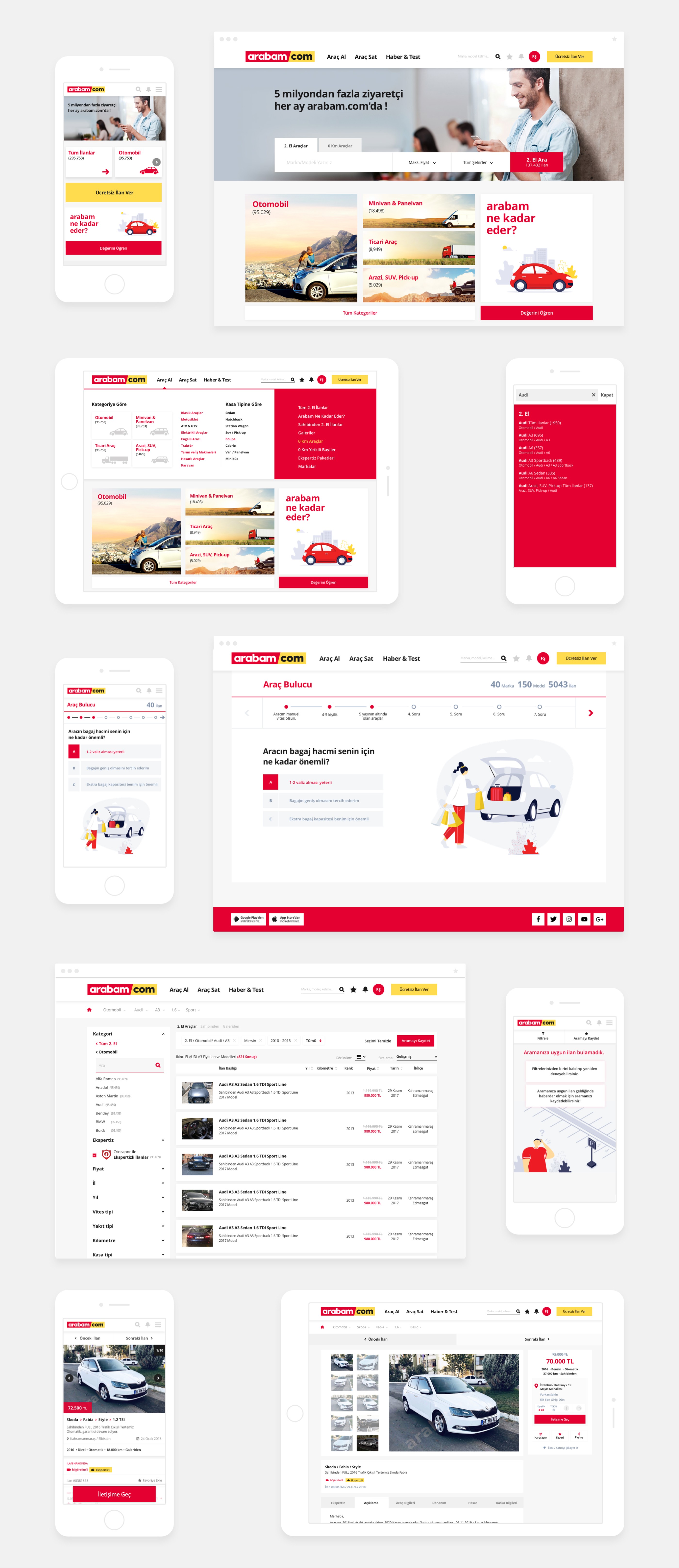Historical arabam.com desktop, tablet and mobile interface designs showing vehicle search and valuation