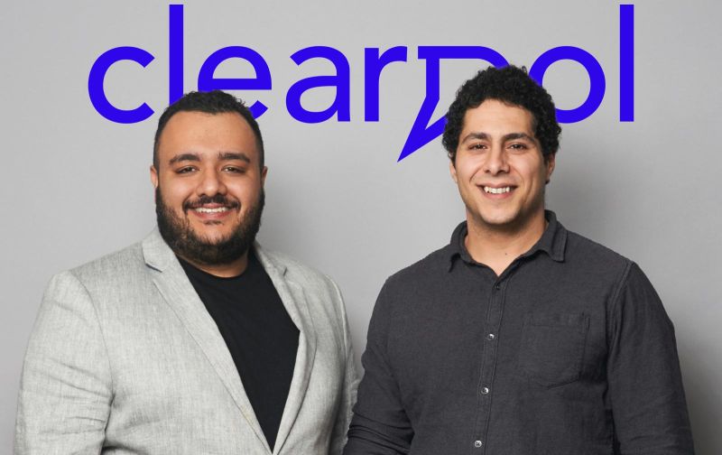 Clearpol co-founders Arash Hosseini Jafari, left, and Faddy Sunna standing together beneath the company logo