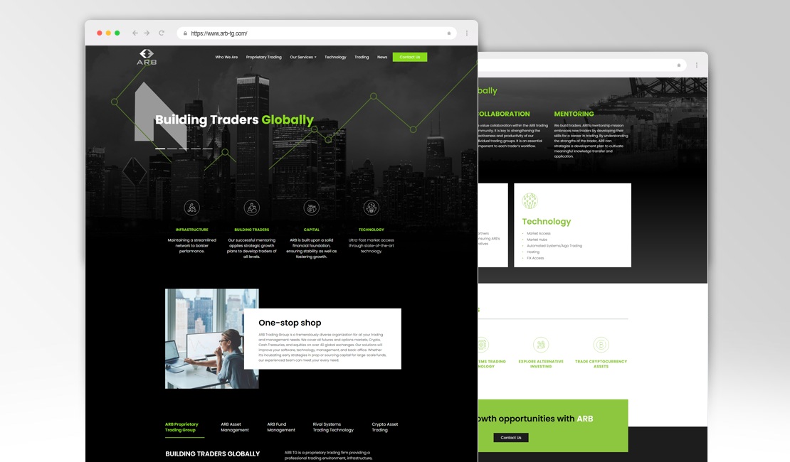 Archival ARB Trading Group website design displayed in two overlapping browser windows