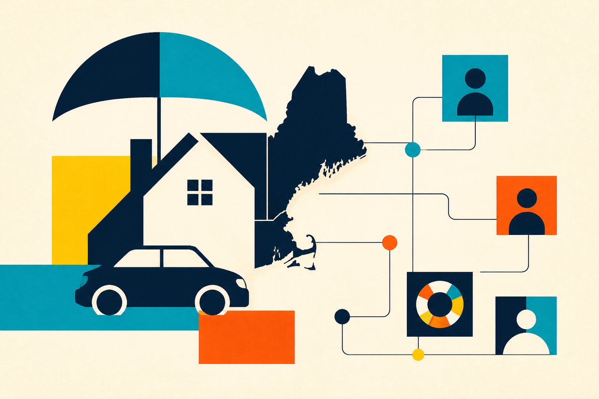 Abstract Swiss-style illustration linking a New England map, house, car, umbrella and local agents