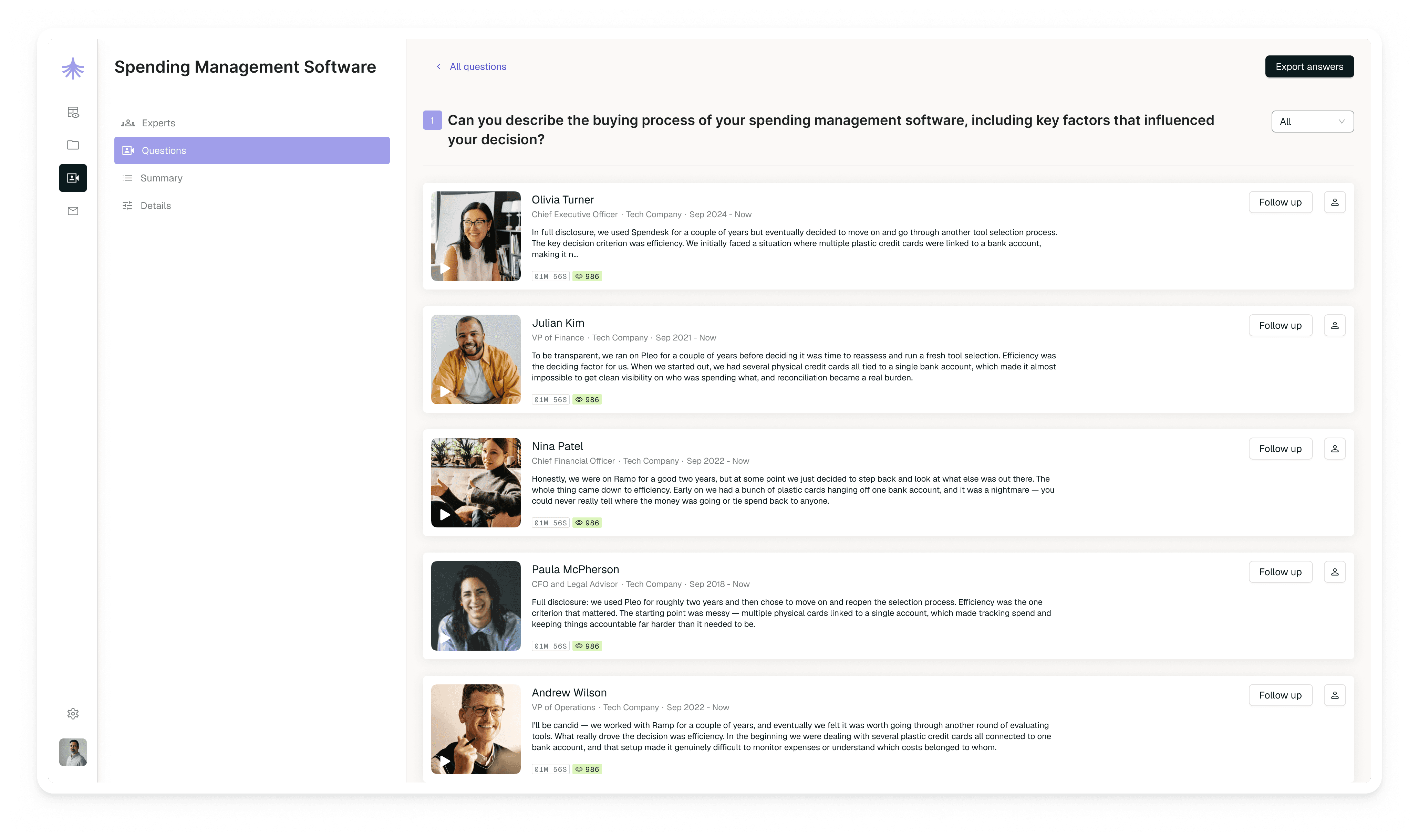 Arbolus Canopy marketing screenshot showing expert answers grouped under a software-buying question