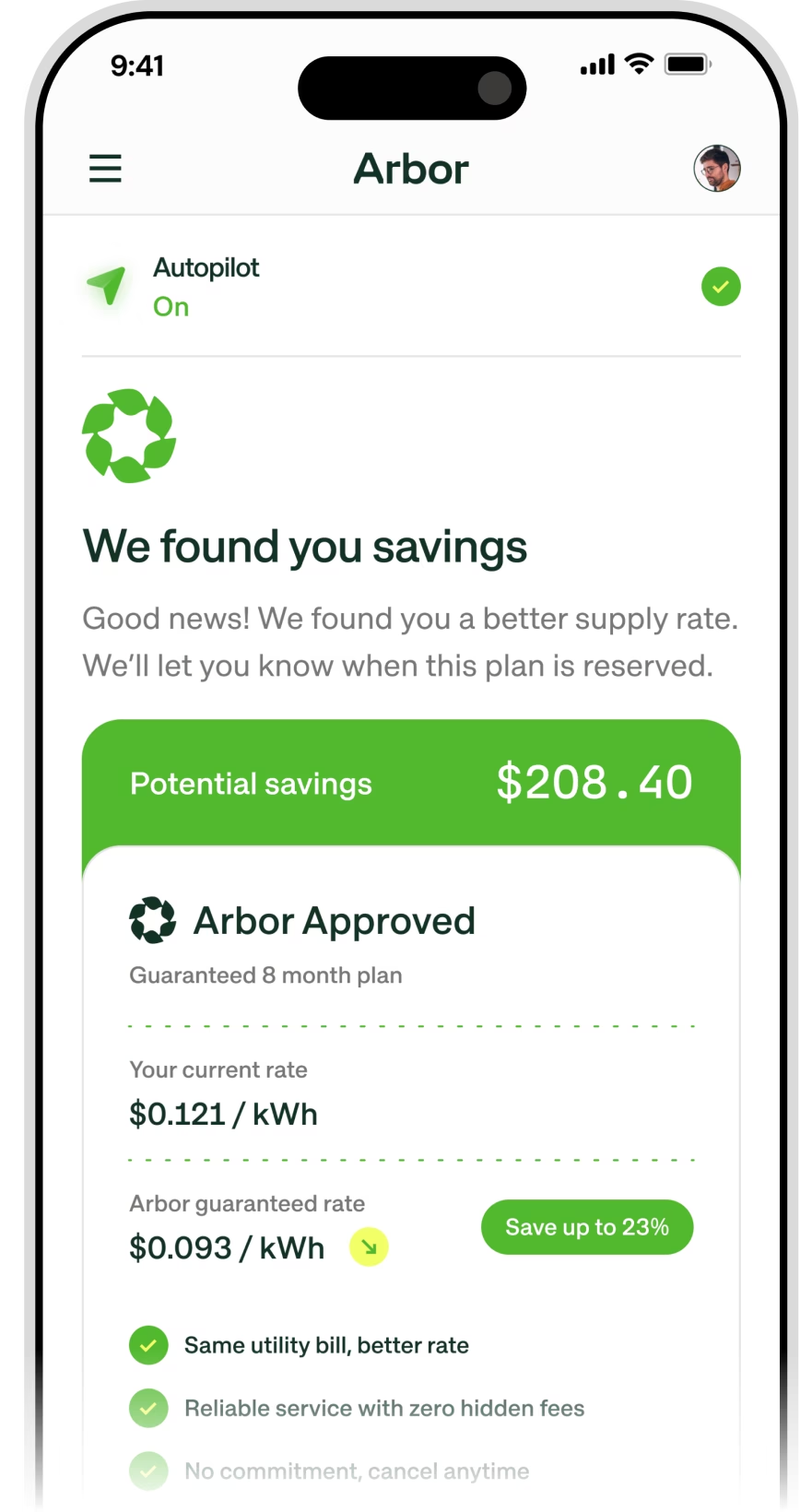 Arbor’s published mobile product mockup showing its electricity account interface