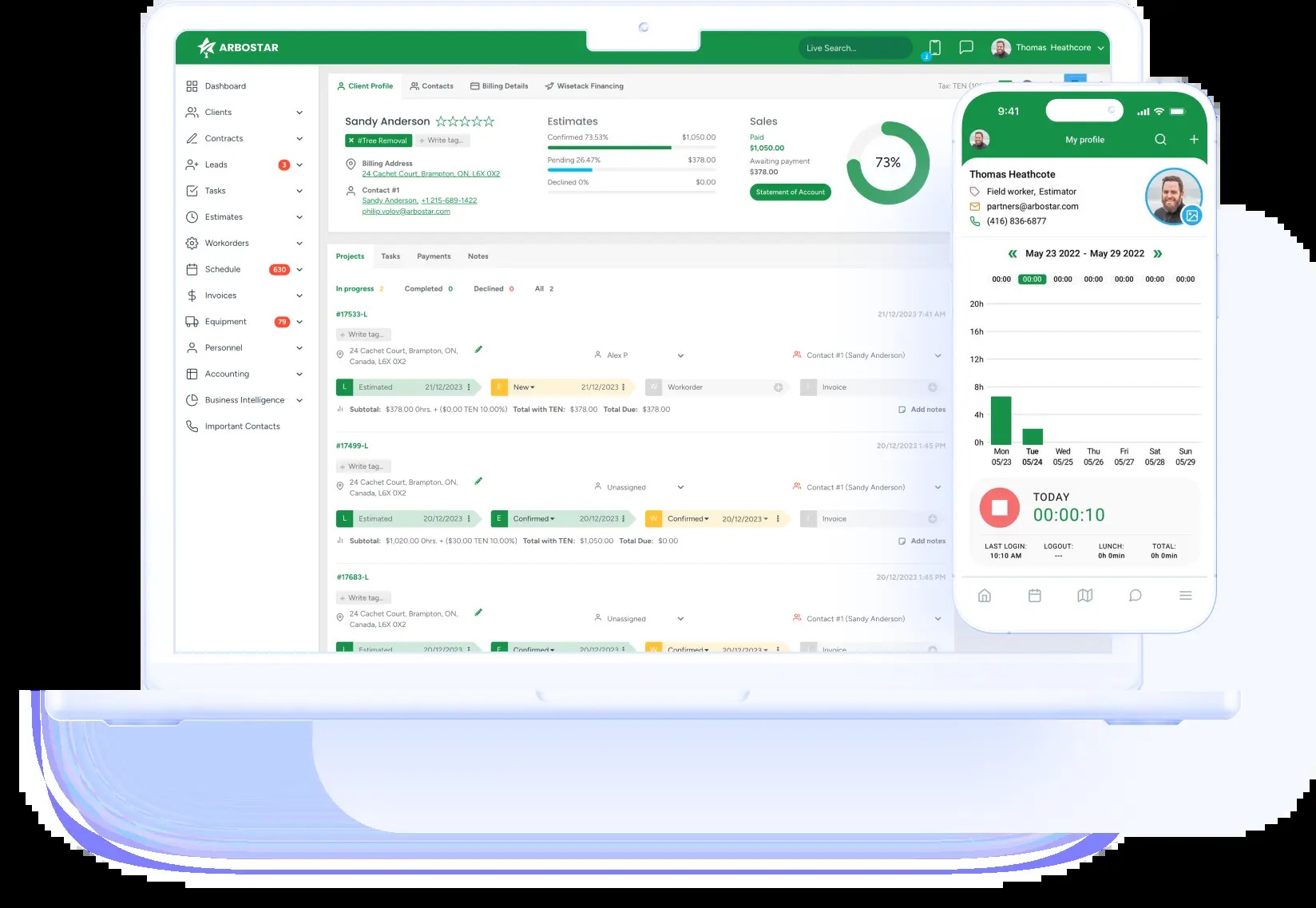 ArboStar client profile on a laptop beside the employee time-tracking mobile app