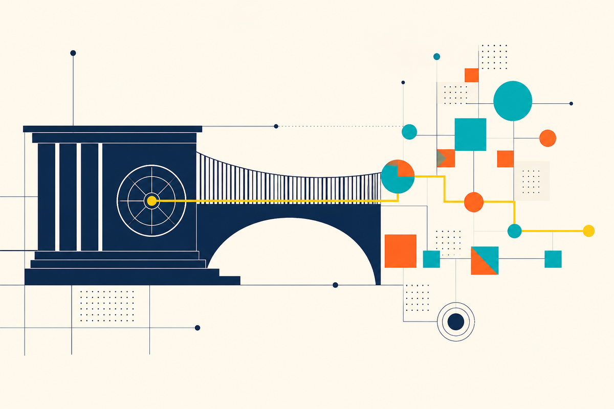 Abstract Swiss-style illustration of a financial vault connected by a bridge to modular digital assets