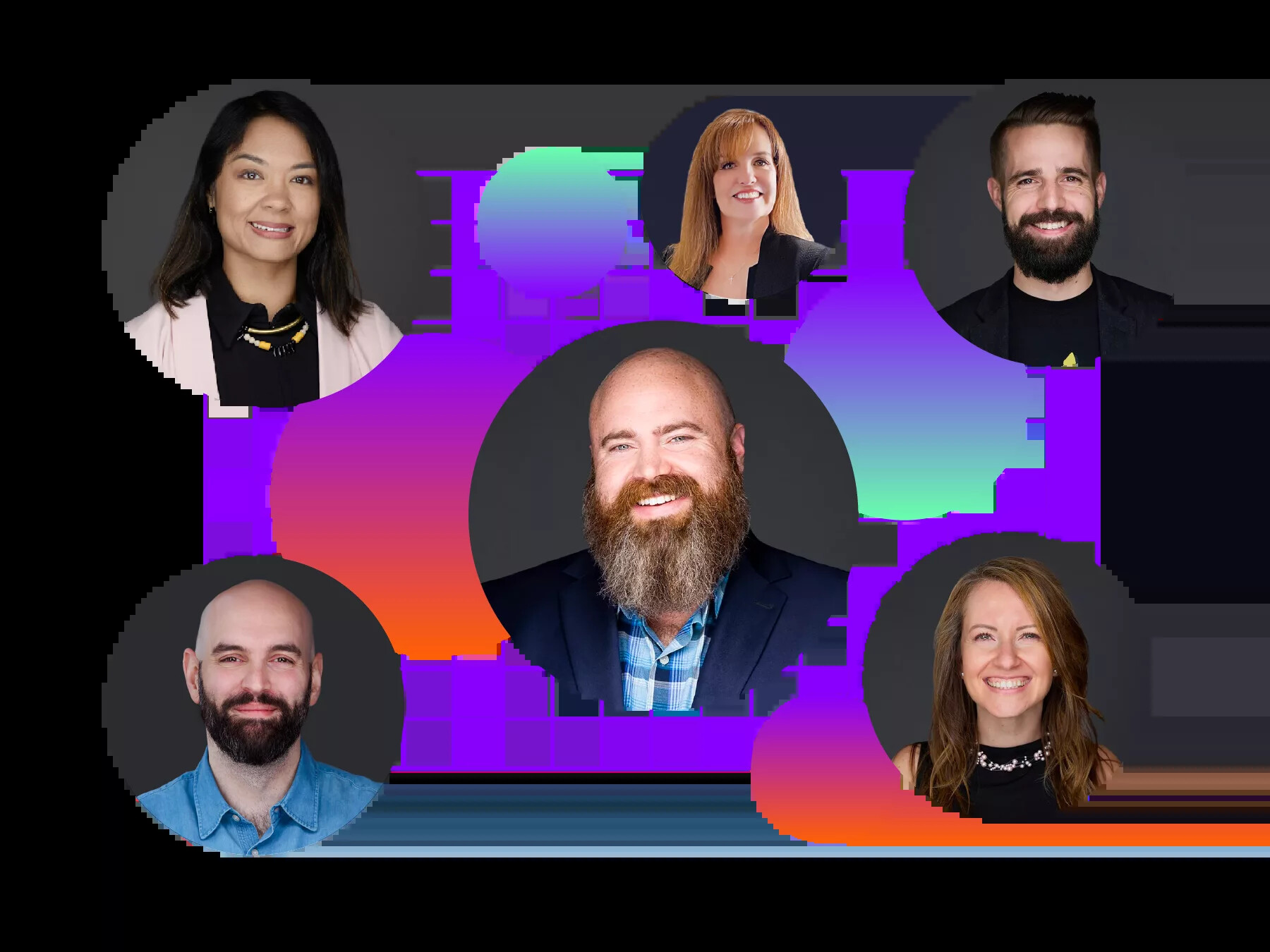 A collage of Arcadia healthcare data leaders against colorful geometric shapes