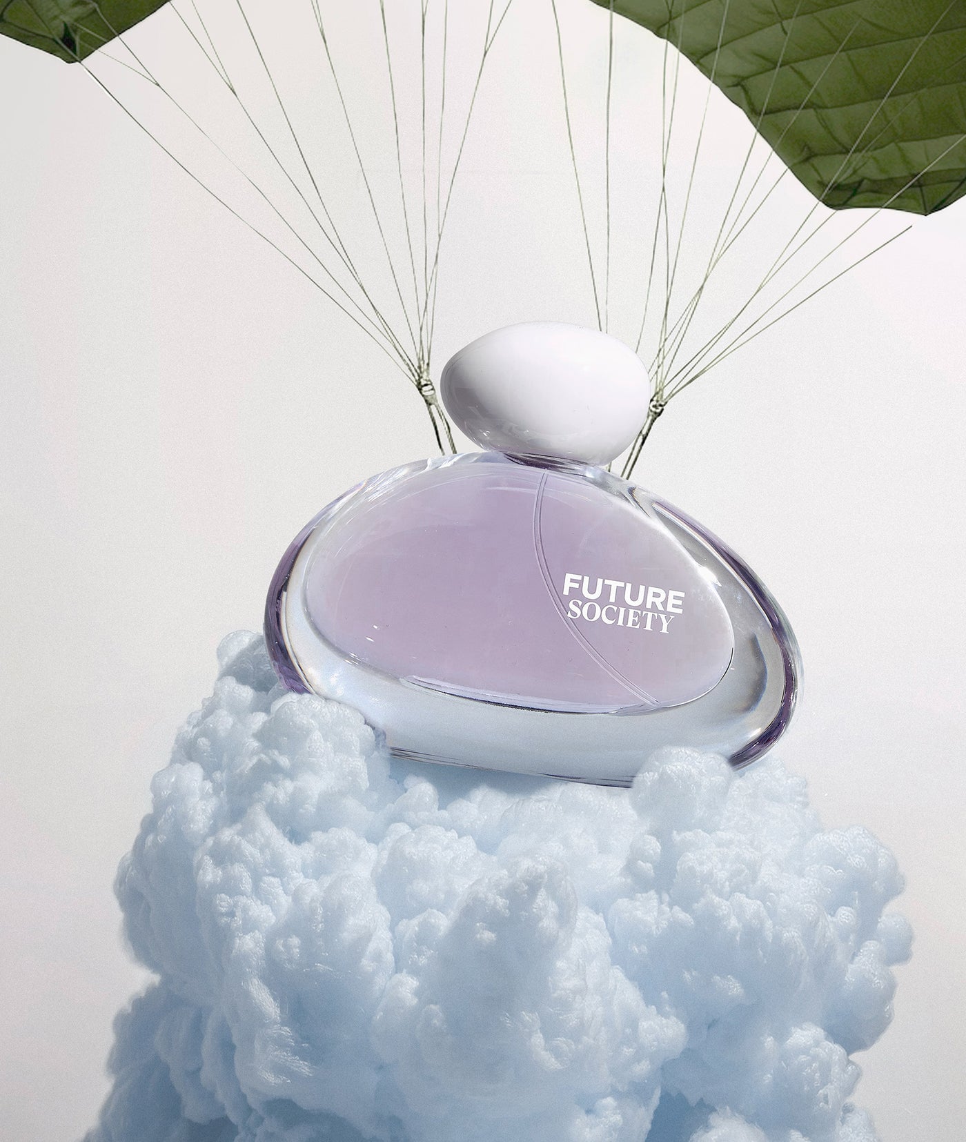 Future Society Cloud Reverie perfume bottle with a cloud-like base and green leaf
