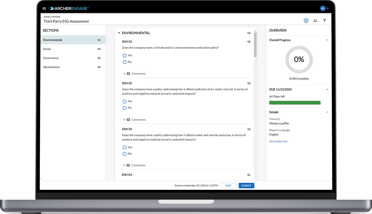 Archer risk assessment interface showing structured records, navigation and workflow data