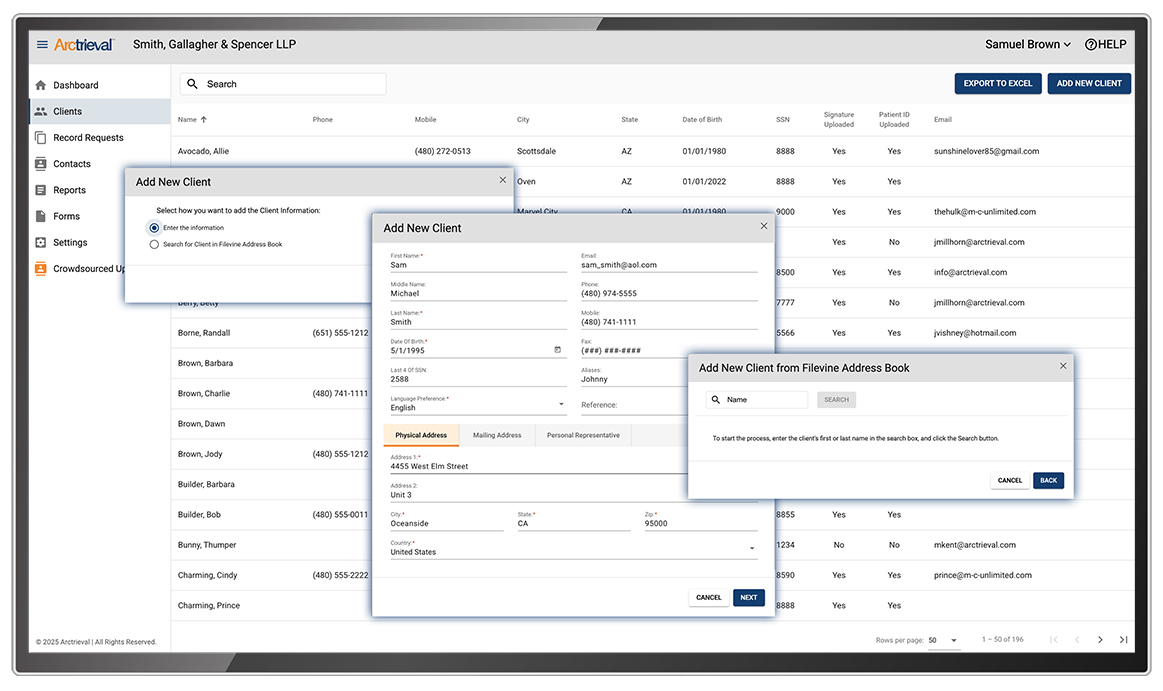 Arctrieval add-clients screen shown on a desktop monitor mockup