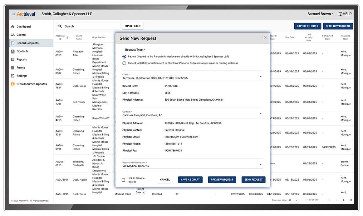 Arctrieval send-request screen shown on a desktop monitor mockup