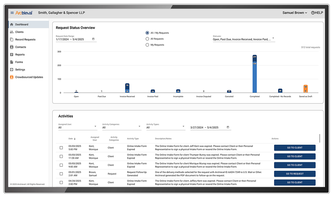 Arctrieval dashboard and workflow screen shown on a desktop monitor mockup