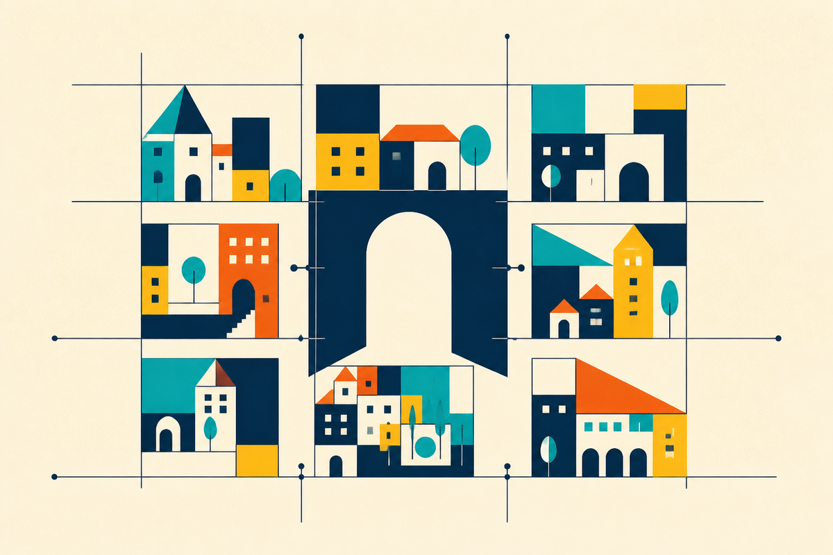 Abstract geometric neighborhoods connected by one large central arch in navy, teal, yellow and orange