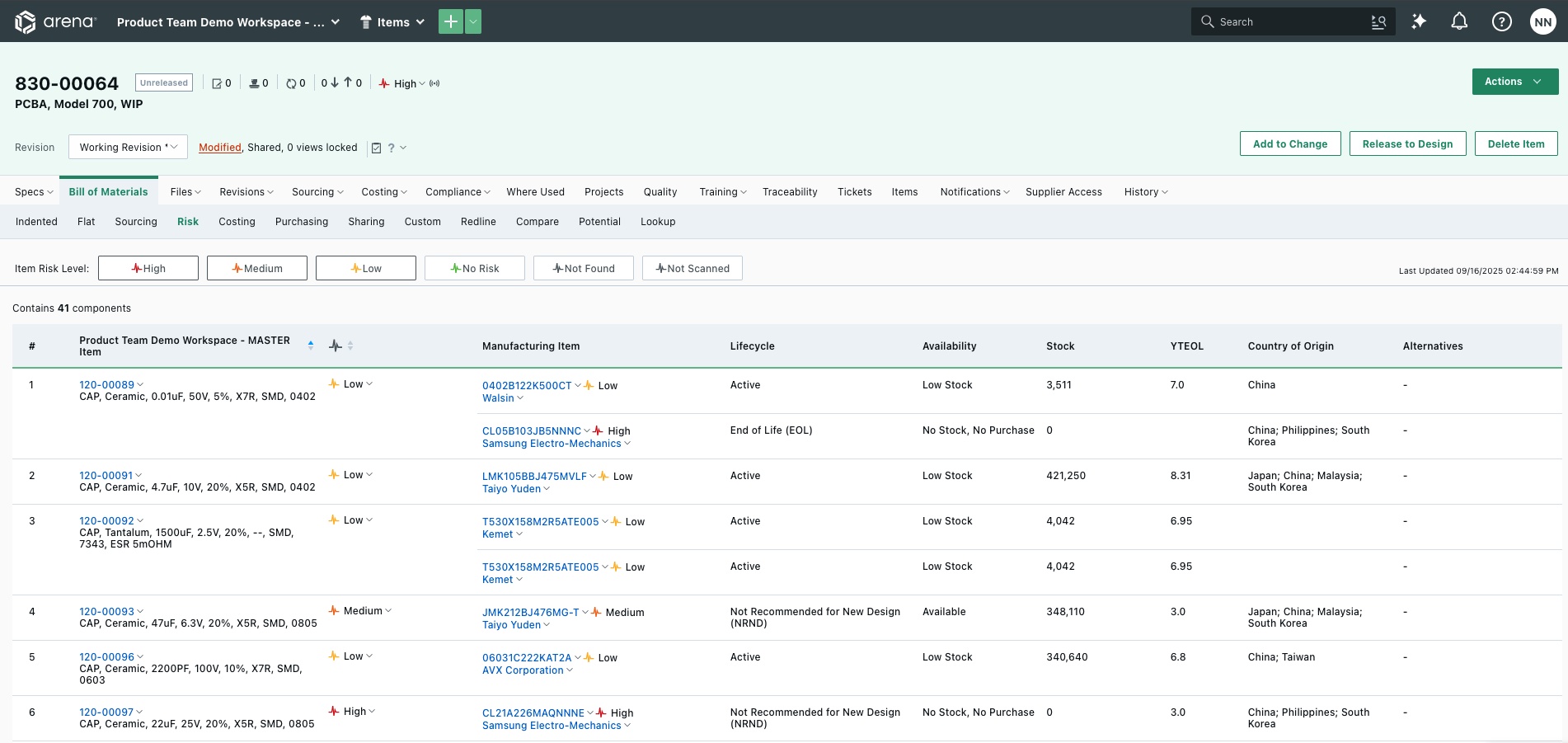 Arena BOM risk screen displaying component availability, lifecycle information, and risk indicators
