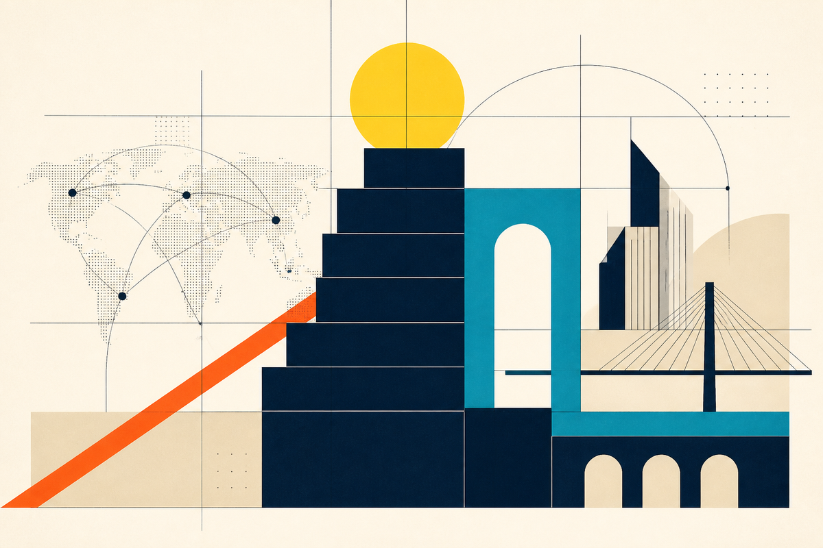 Abstract Swiss-style illustration of a capital stack, global network, buildings and infrastructure